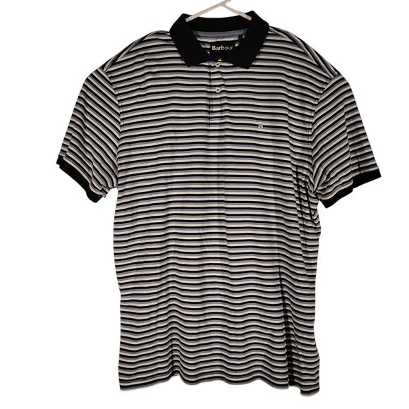 Barbour polo shirt mens 2XL XXL blue striped short sleeve cotton collar preppy - Picture 1 of 8